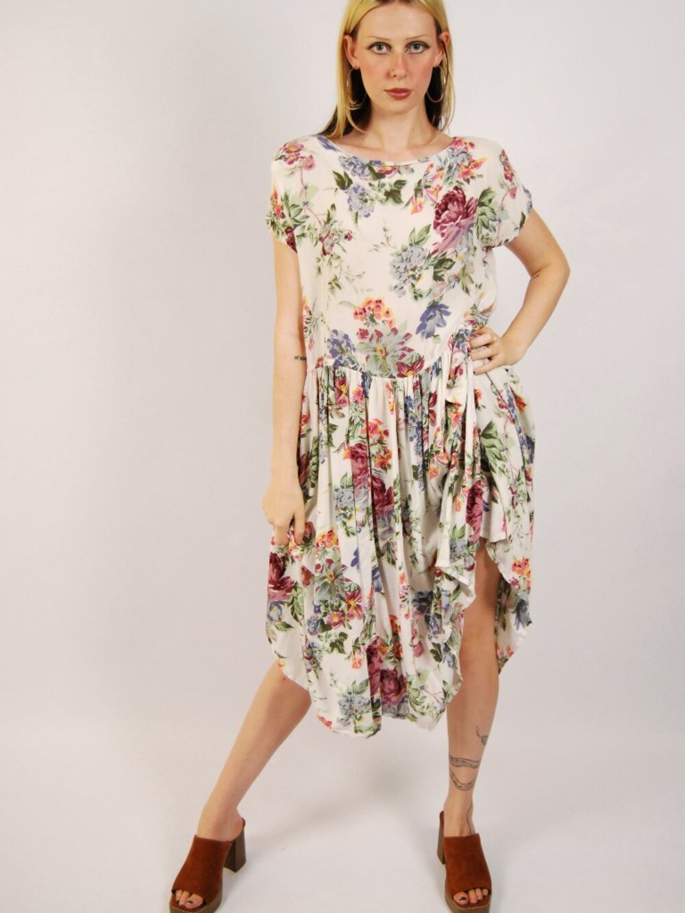 80s Floral Midi Dress (XL) vintage white Bila twee preppy cottage retro mom